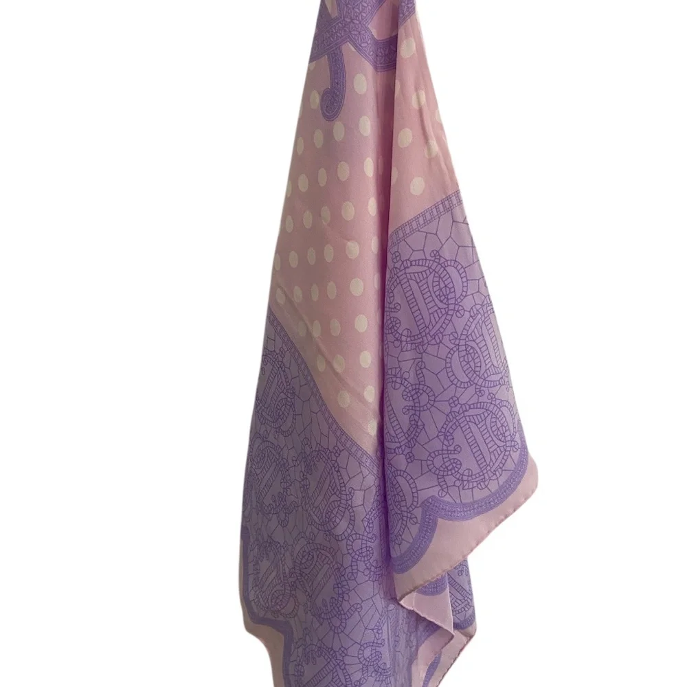 Auth. Christian Dior Pink & Lavender Silk Scarf Polka Dot & Logo Monogram Design
